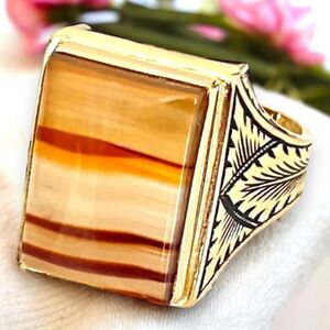 Vintage Ring Sz 10 Clark and Coombs Agate 18K Gold Plate Mid-Century Design 14N
